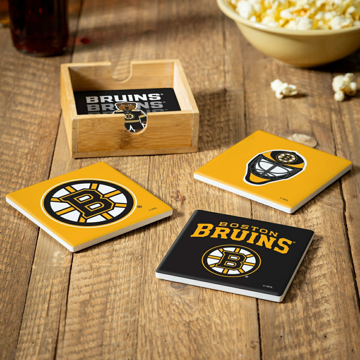 Team Sports America Value - Boston Bruins Ceramic Coasters Set, 4pcs with Wood Caddy