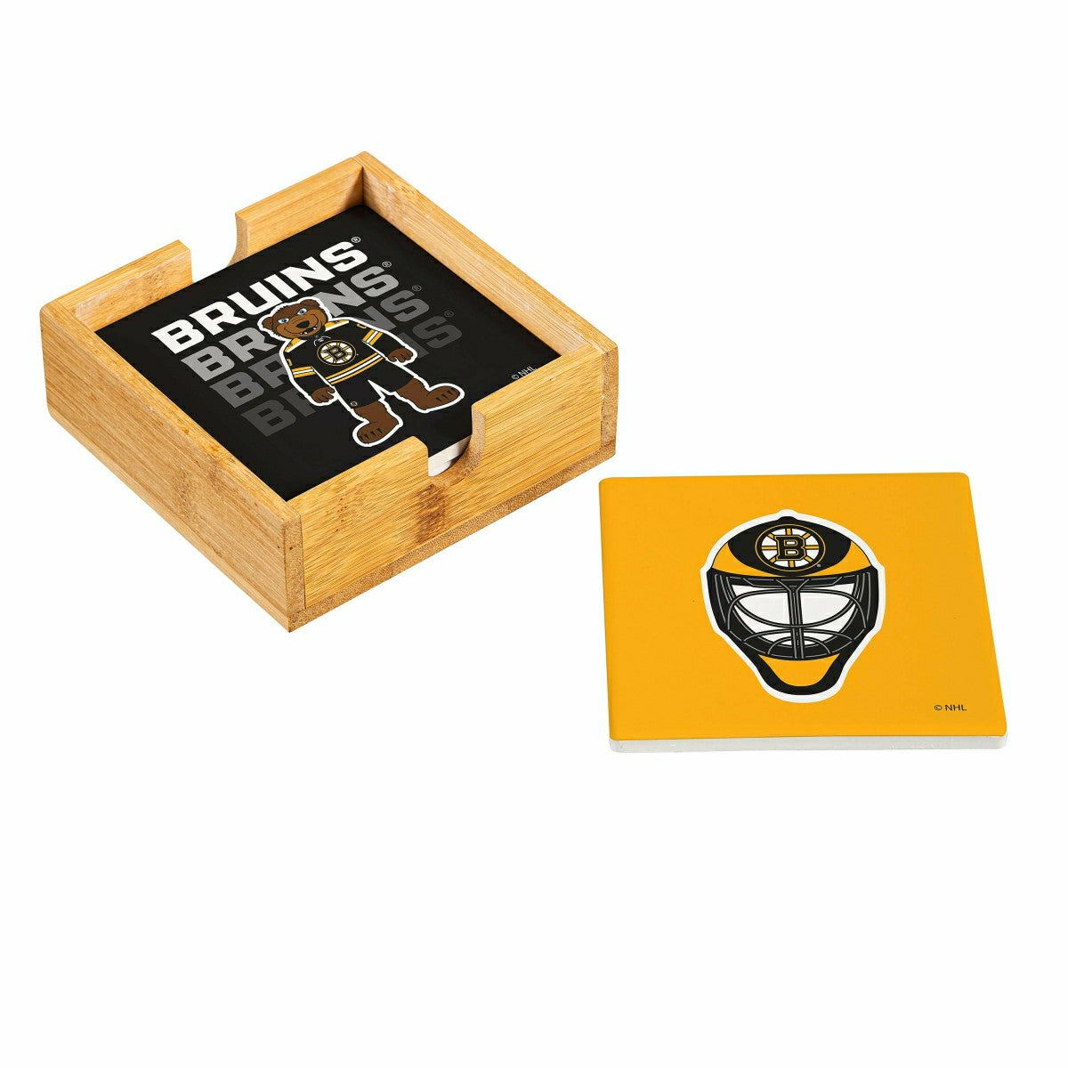 Team Sports America Value - Boston Bruins Ceramic Coasters Set, 4pcs with Wood Caddy