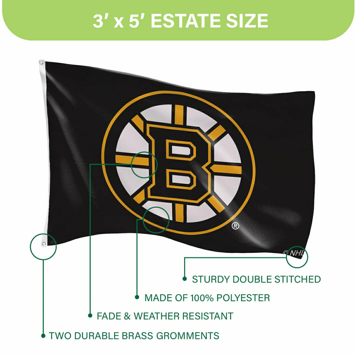 Team Sports America Exclusive - Boston Bruins Single Sided Flag with 2 Grommets, 3'x5'