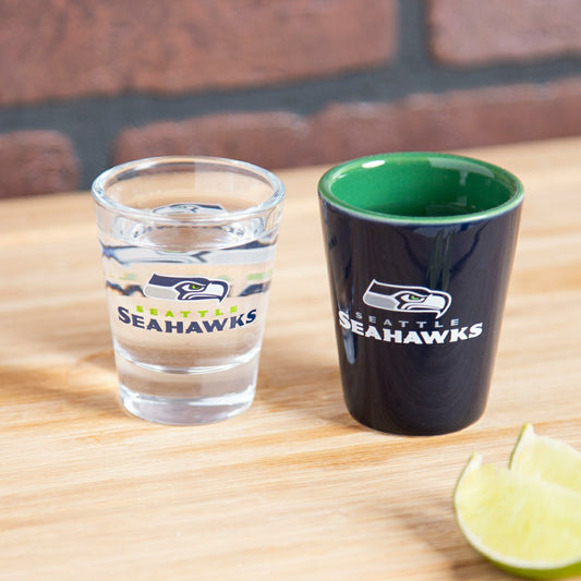 Team Sports America Classic - Seattle Seahawks 4-Piece Ceramic and Glass 2oz. Shot Glass Set