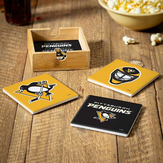 Team Sports America Signature - Pittsburgh Penguins Ceramic Coasters Set, 4pcs with Wood Caddy