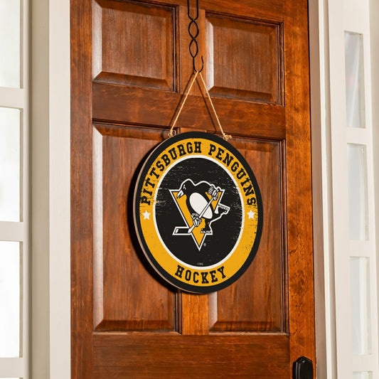 Team Sports America Trending - Pittsburgh Penguins Round Door Décor with Hanging Rope, 18x18