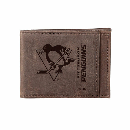Team Sports America Signature - Front Pocket Wallet w/ RFID Blocking, Pittsburgh Penguins, Brown