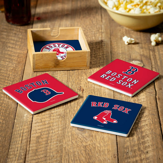 Team Sports America Essential - Boston Red Sox Ceramic Coasters Set, 4pcs with Wood Caddy