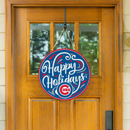 Team Sports America Essential - Chicago Cubs Holiday Round Door Décor with Hanging Rope, 18x18