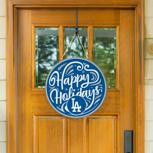 Team Sports America Essential - Los Angeles Dodgers Holiday Round Door Décor with Hanging Rope, 18x18