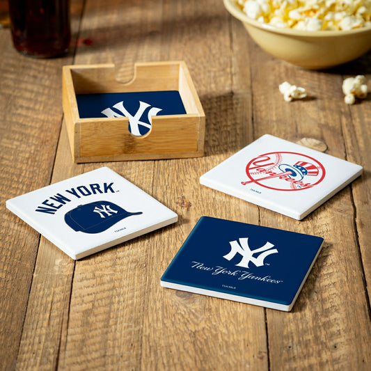 Team Sports America Essential - New York Yankees Ceramic Coasters Set, 4pcs with Wood Caddy