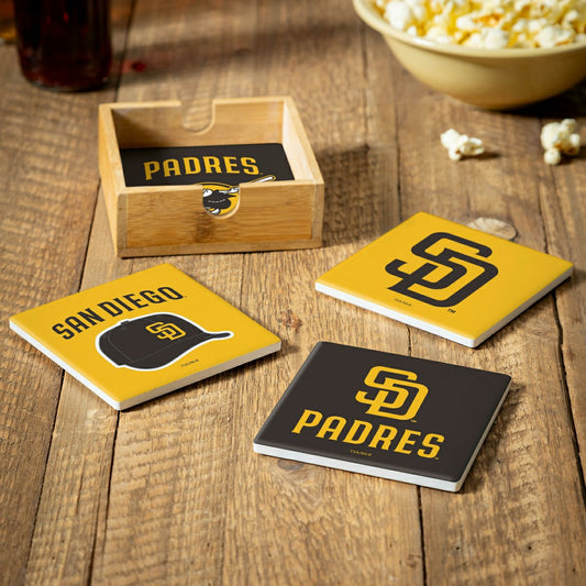 Team Sports America Recommended - San Diego Padres Ceramic Coasters Set, 4pcs with Wood Caddy
