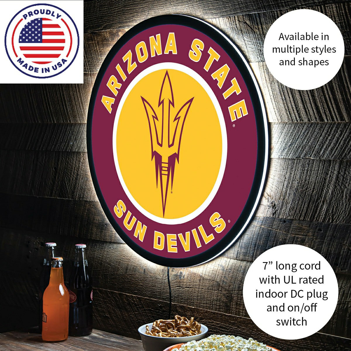 Team Sports America Essential - LED Wall Decor, Round, Arizona State University