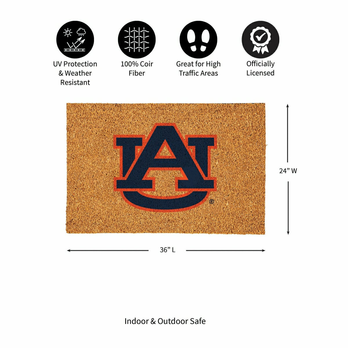 Team Sports America Recommended - Auburn University Large Full Color Coir Mat, 36"x24"
