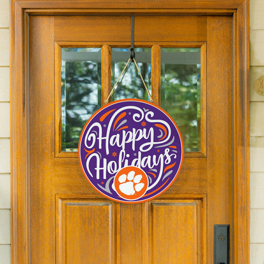 Team Sports America Essential - Clemson University Holiday Round Door Décor with Hanging Rope, 18x18