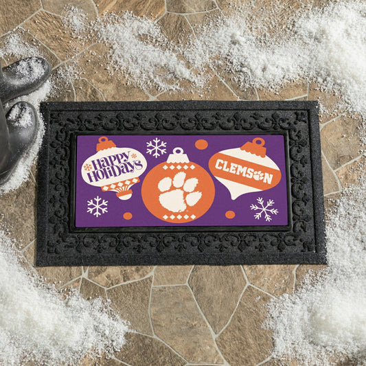 Team Sports America Value - Clemson University Holiday Flocked Coir Sassafras Switch Mat, 22"x10"