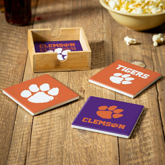 Team Sports America Signature - Clemson University Ceramic Coasters Set, 4pcs with Wood Caddy