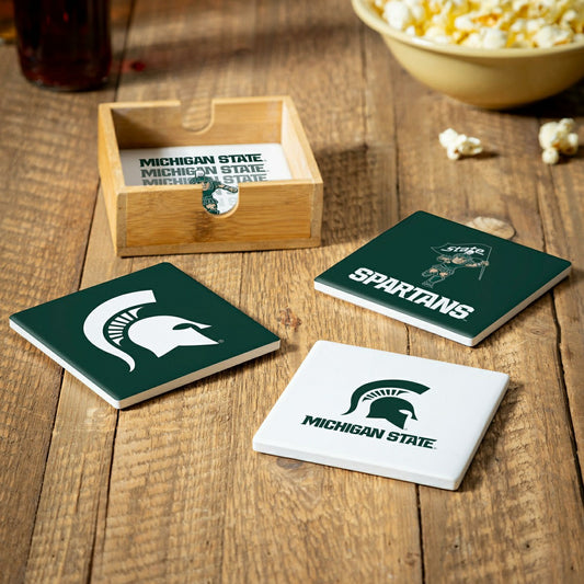 Team Sports America Value - Michigan State University Ceramic Coasters Set, 4pcs with Wood Caddy