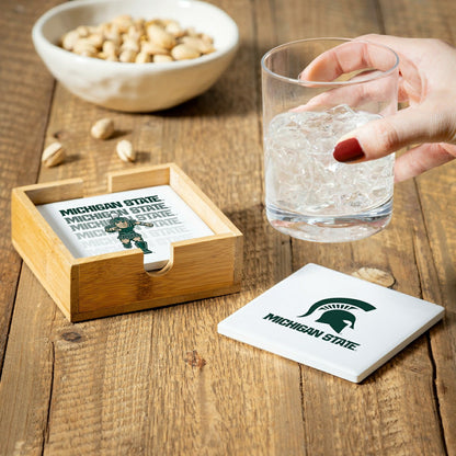 Team Sports America Value - Michigan State University Ceramic Coasters Set, 4pcs with Wood Caddy