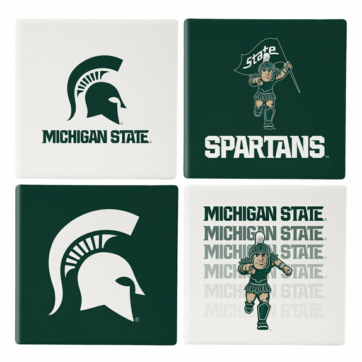 Team Sports America Value - Michigan State University Ceramic Coasters Set, 4pcs with Wood Caddy