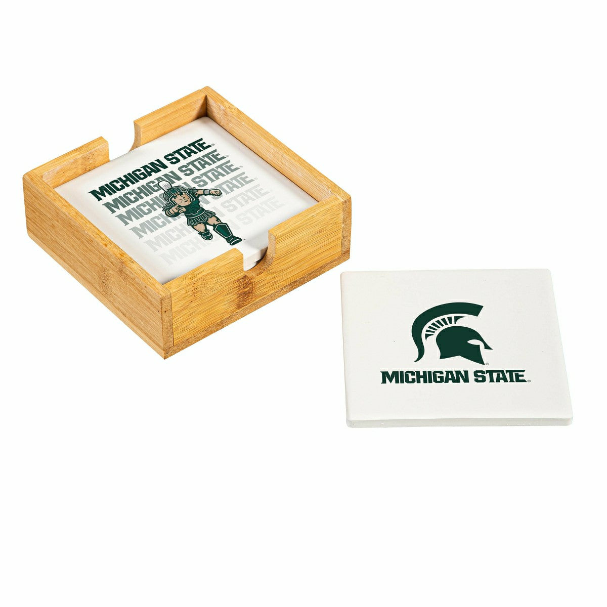 Team Sports America Value - Michigan State University Ceramic Coasters Set, 4pcs with Wood Caddy