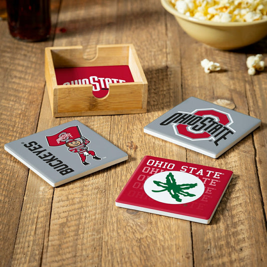 Team Sports America Classic - Ohio State University Ceramic Coasters Set, 4pcs with Wood Caddy