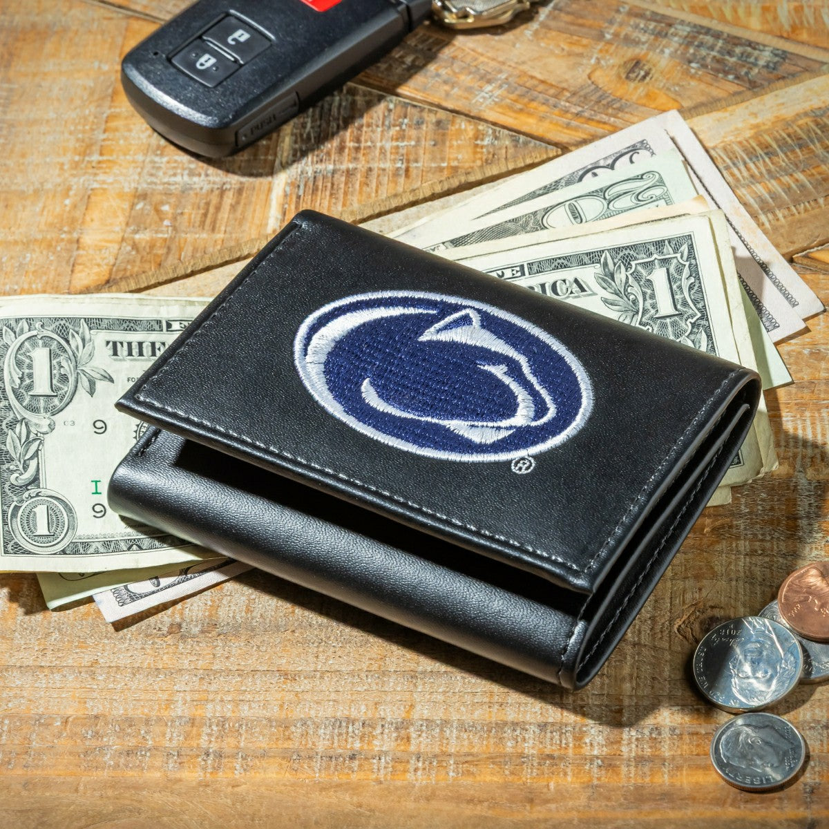 Team Sports America Trending - Penn State Black Tri-Fold Embroidered Wallet w/ RFID Blocking
