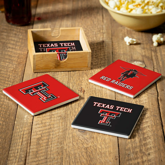 Team Sports America Classic - Texas Tech University Ceramic Coasters Set, 4pcs with Wood Caddy