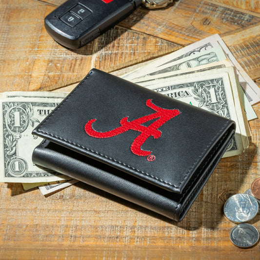 Team Sports America Classic - University of Alabama Black Tri-Fold Embroidered Wallet w/ RFID Blocking