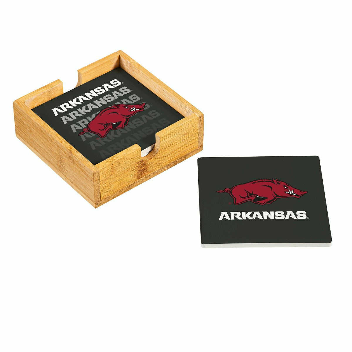 Team Sports America Recommended - University of Arkansas Ceramic Coasters Set, 4pcs with Wood Caddy