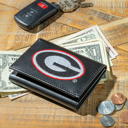 Team Sports America Recommended - University of Georgia Black Tri-Fold Embroidered Wallet w/ RFID Blocki