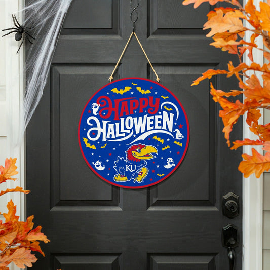 Team Sports America Signature - University of Kansas Halloween Round Door Décor with Hanging Rope, 18x