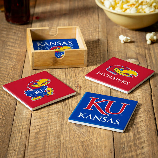 Team Sports America Value - University of Kansas Ceramic Coasters Set, 4pcs with Wood Caddy