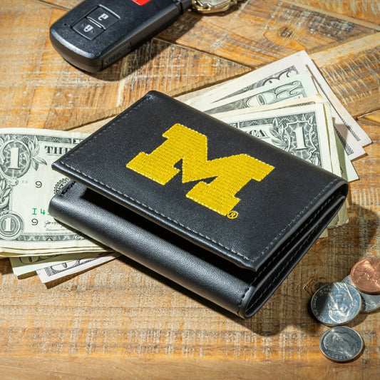 Team Sports America Best Seller - University Of Michigan Black Tri-Fold Embroidered Wallet w/ RFID Blocking