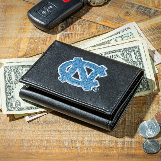 Team Sports America Trending - University of North Carolina Black Tri-Fold Embroidered Wallet w/ RFID Blocking