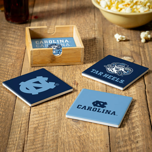 Team Sports America Exclusive - University of North Carolina Ceramic Coasters Set, 4pcs with Wood Cadd
