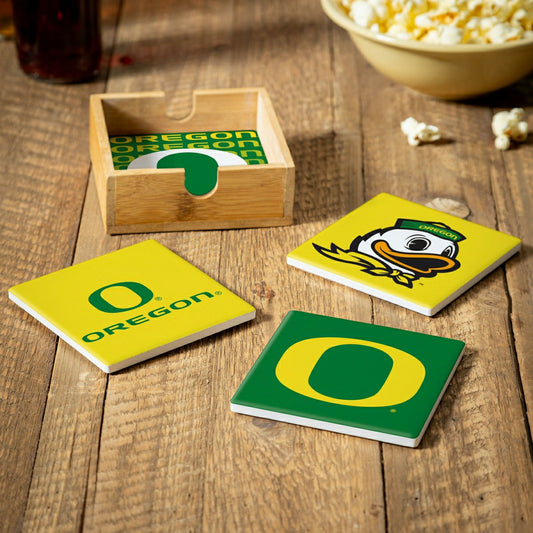 Team Sports America Everyday - University of Oregon Ceramic Coasters Set, 4pcs with Wood Caddy
