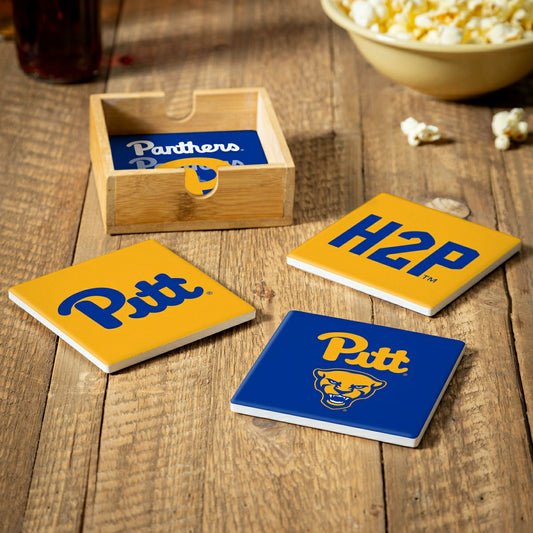 Team Sports America Trending - University of Pittsburgh Ceramic Coasters Set, 4pcs with Wood Caddy