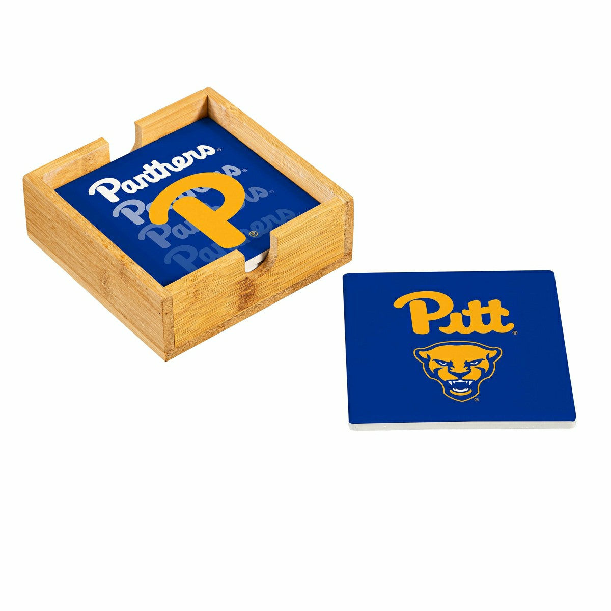 Team Sports America Trending - University of Pittsburgh Ceramic Coasters Set, 4pcs with Wood Caddy