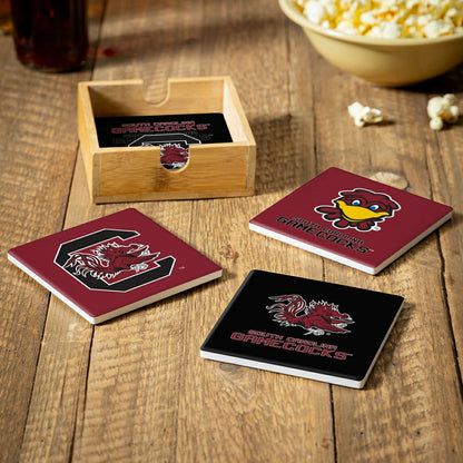 Team Sports America Exclusive - University of South Carolina Ceramic Coasters Set, 4pcs with Wood Cadd