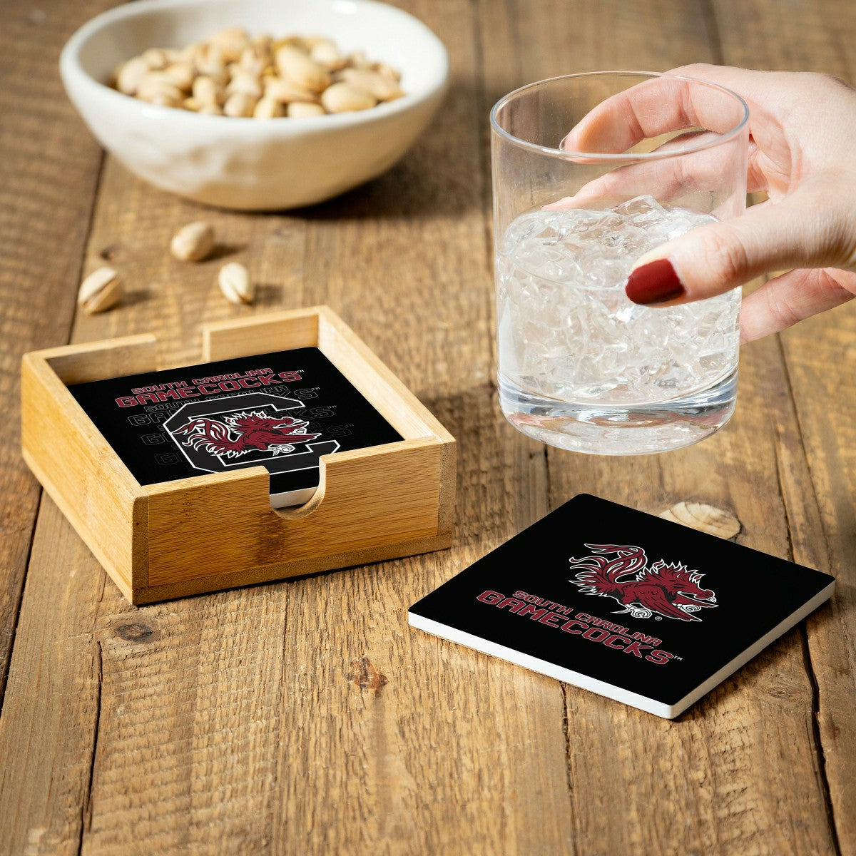 Team Sports America Exclusive - University of South Carolina Ceramic Coasters Set, 4pcs with Wood Cadd