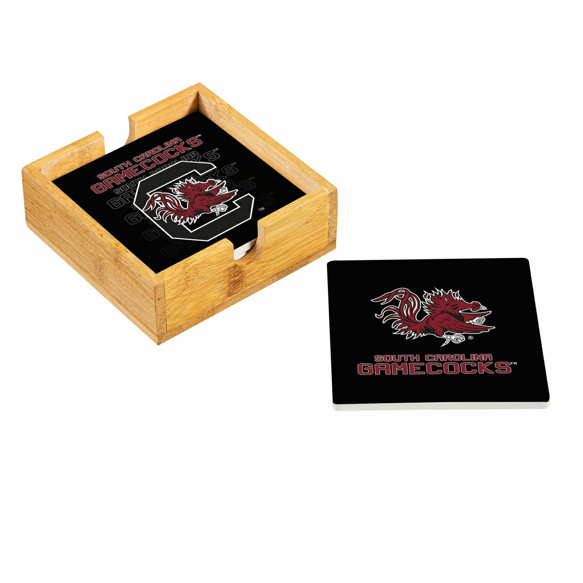 Team Sports America Exclusive - University of South Carolina Ceramic Coasters Set, 4pcs with Wood Cadd