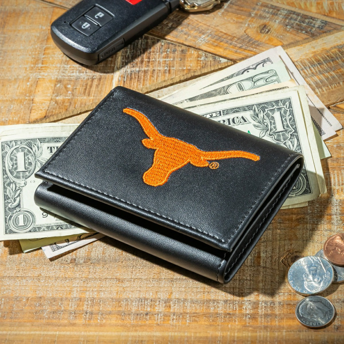 Team Sports America Essential - University of Texas Black Tri-Fold Embroidered Wallet w/ RFID Blocking