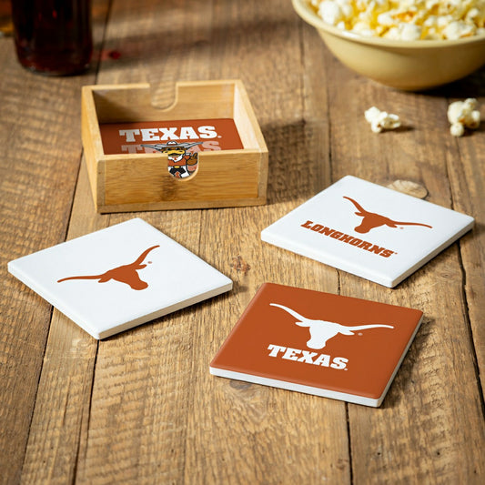 Team Sports America Essential - University of Texas Ceramic Coasters Set, 4pcs with Wood Caddy