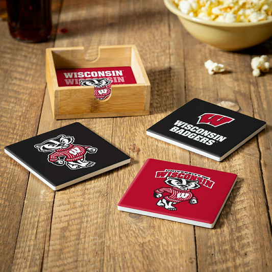 Team Sports America Trending - University of Wisconsin-Madison Ceramic Coasters Set, 4pcs with Wood C