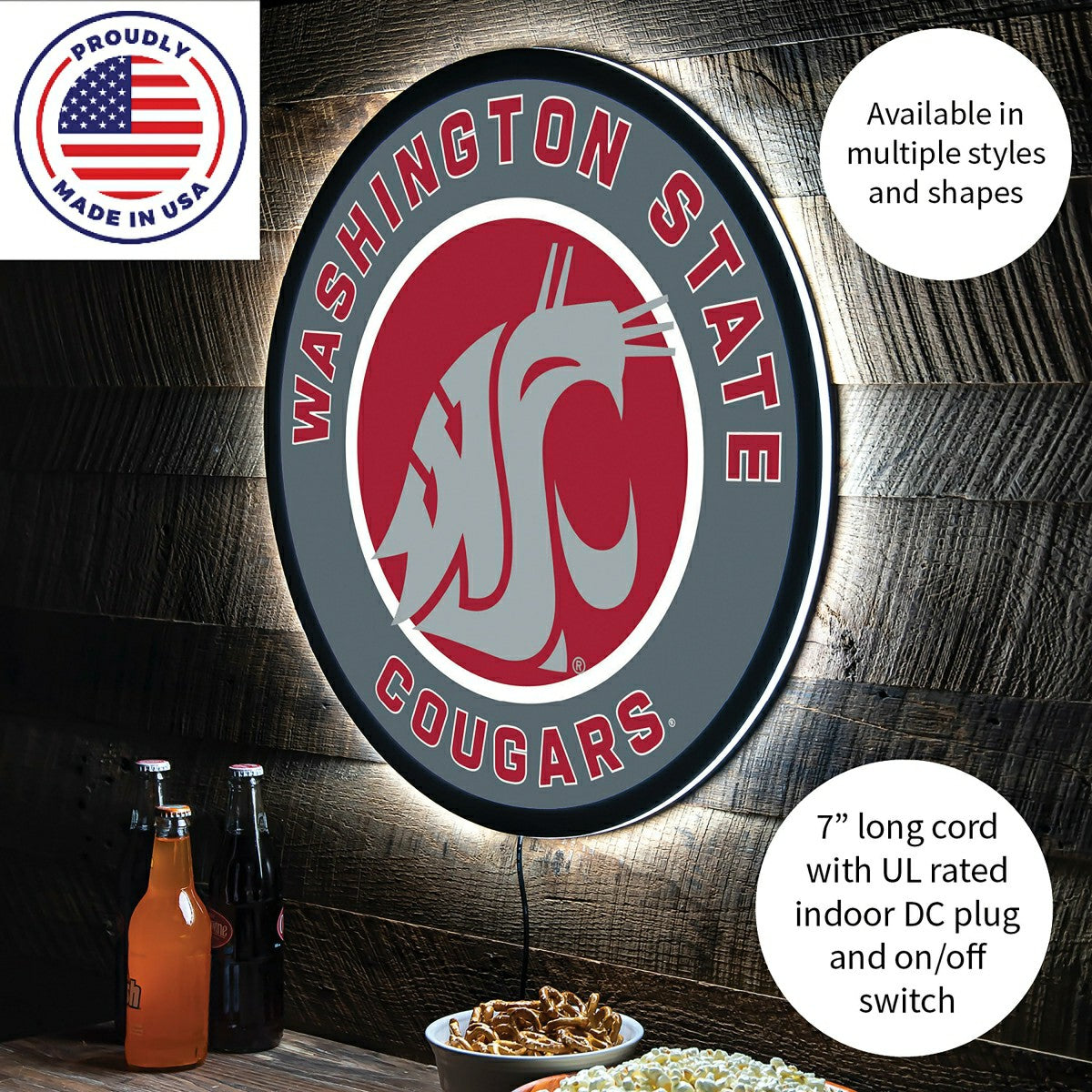 Team Sports America Exclusive - LED Wall Decor, Round, Washington State University