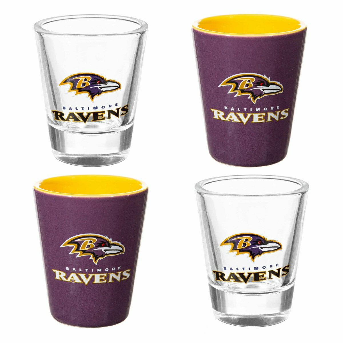 Team Sports America Classic - Baltimore Ravens 4-Piece Ceramic and Glass 2oz. Shot Glass Set