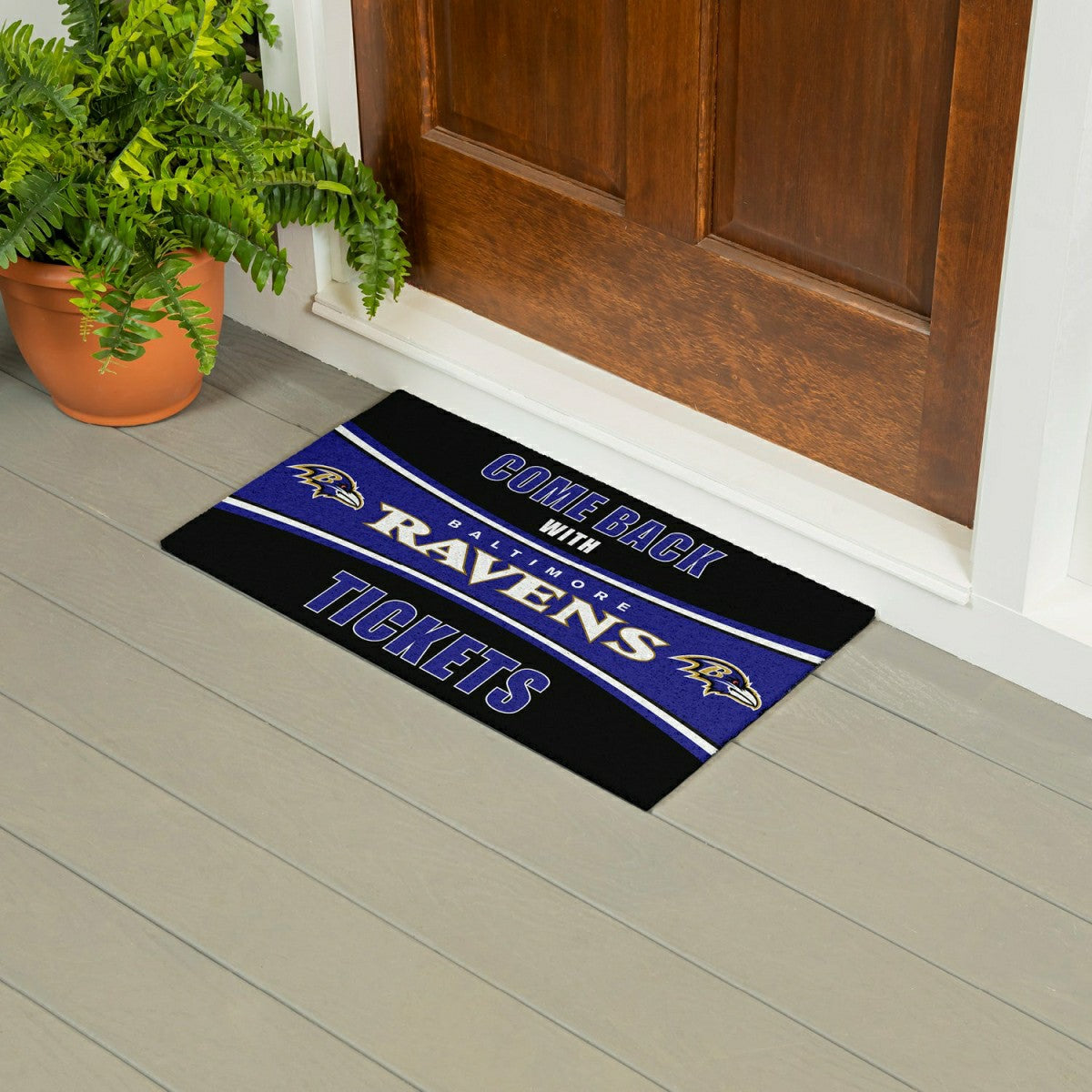 Team Sports America Essential - 28" x 16" PVC Trapper Mat, Come Back with Tickets, Baltimore Ravens