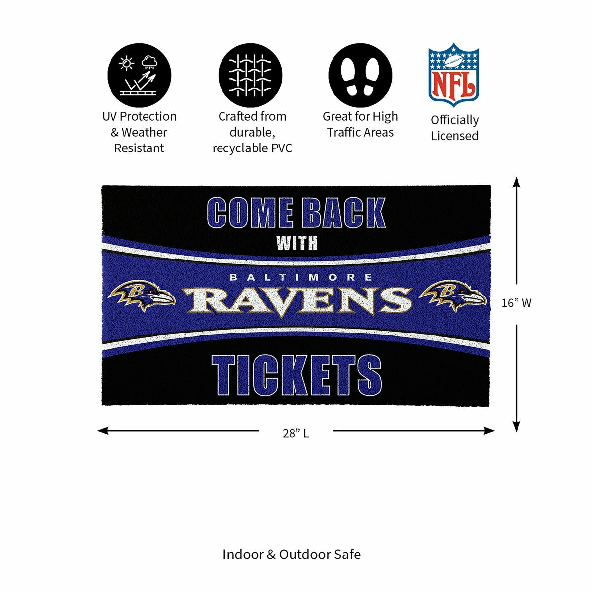 Team Sports America Essential - 28" x 16" PVC Trapper Mat, Come Back with Tickets, Baltimore Ravens