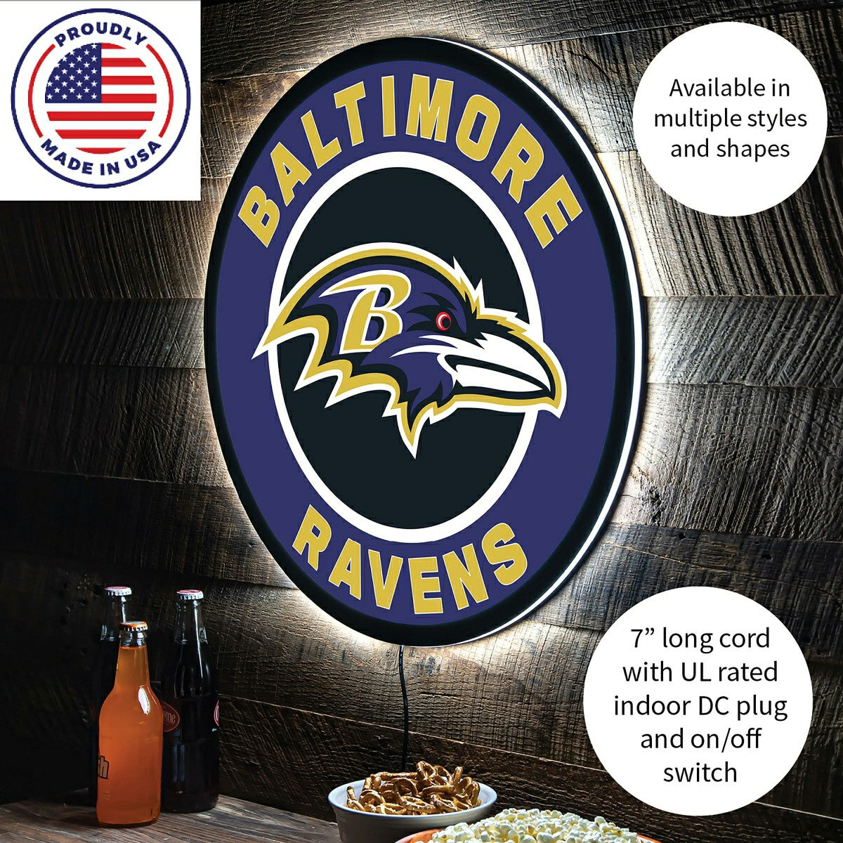 Team Sports America Everyday - LED Wall Decor, Round, Baltimore Ravens
