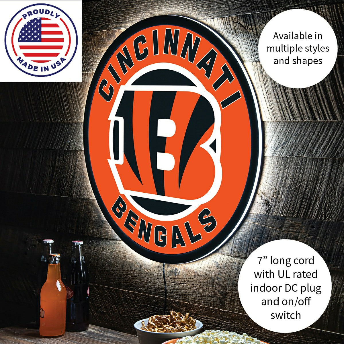 Team Sports America Signature - LED Wall Decor, Round, Cincinnati Bengals