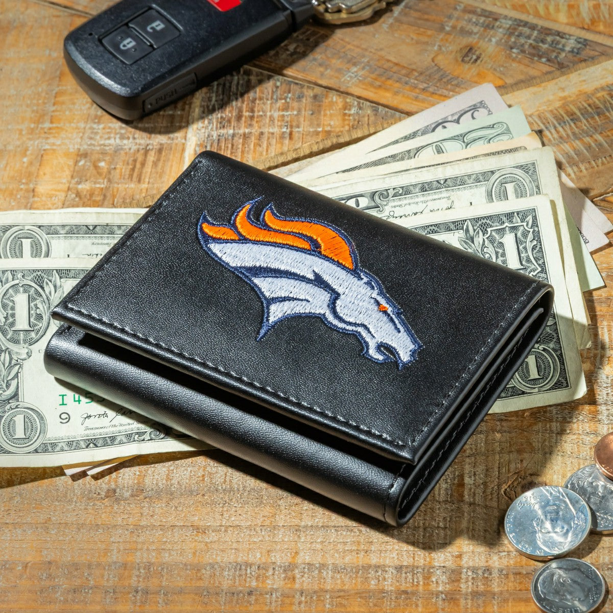 Team Sports America Value - Denver Broncos Black Tri-Fold Embroidered Wallet w/ RFID Blocking