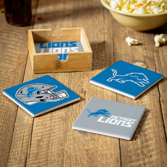 Team Sports America Trending - Detroit Lions Ceramic Coasters Set, 4pcs with Wood Caddy