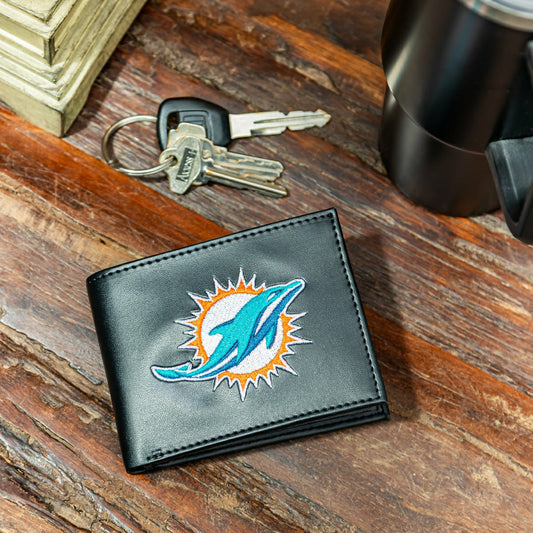 Team Sports America Trending - Miami Dolphins Black Bi-Fold Embroidered Wallet w/ RFID Blocking